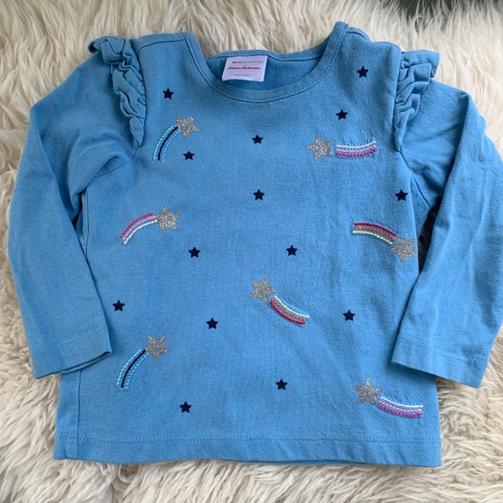 Lot of 2 Hanna Andersson's Girls long sleeve ruffle shoulder tops Blue 18-24m 2T - Picture 3 of 7